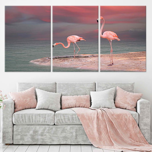 Two wild flamingos standing in calm water — modern canvas wall art for living room, peaceful pink seascape adding tropical charm.
