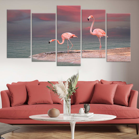 Elegant flamingo pair at sunset — large canvas wall art, serene ocean horizon perfect for coastal bedroom or beach home décor.