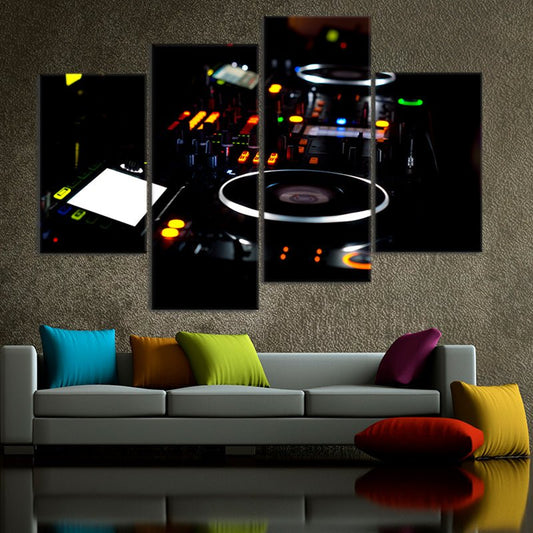 Illuminated DJ mixer in vibrant neon palette — large canvas wall art for bedroom enhances uplifting creative mood for music-driven spaces
