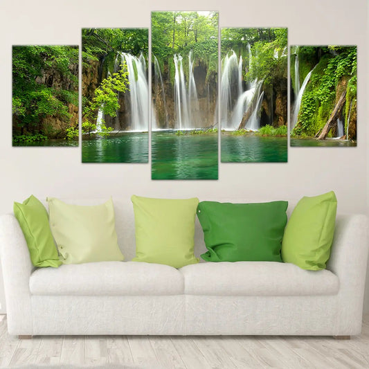 Emerald forest waterfalls — modern canvas wall art with vibrant green palette ideal for adding refreshing décor to a relaxing bedroom space