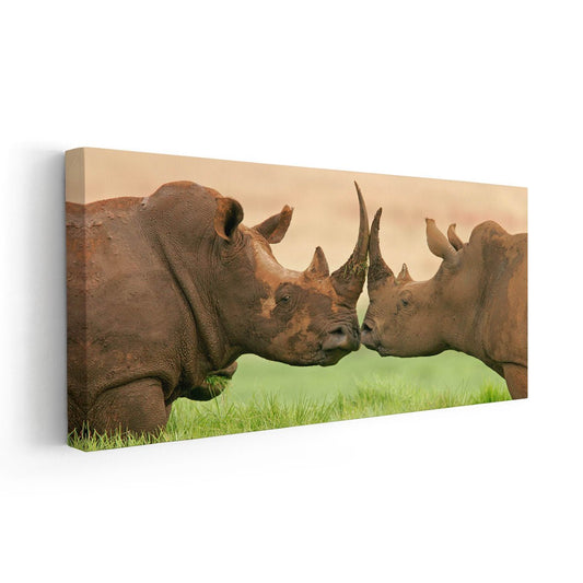 Loving rhinos — modern canvas wall art, warm rustic hues creating a peaceful and bold statement for safari or nature-themed interiors.