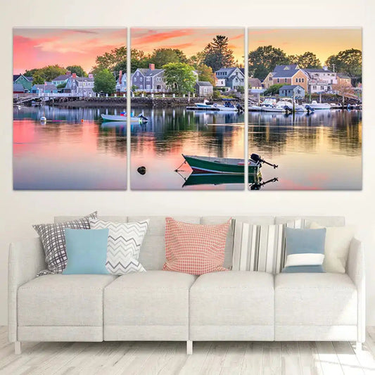 Portsmouth skyline waterfront — modern canvas wall art in pastel tones, peaceful cityscape decor perfect for bright living room walls.