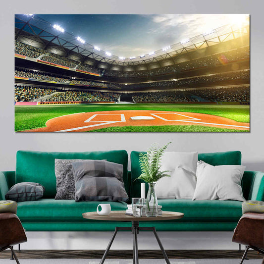 Illuminated ballpark in modern palette — large canvas wall art ideal for a motivating bedroom space with warm field tones and stadium glow