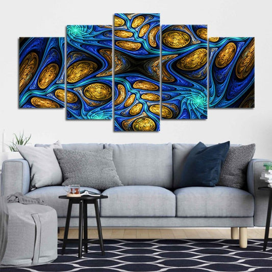 Psychedelic blue abstract swirl — canvas wall art for living room, modern and uplifting design with glowing gold accents.