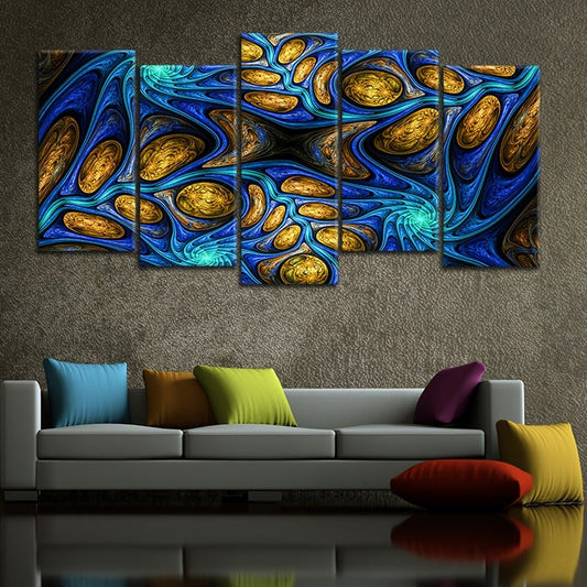 Vibrant golden-blue abstract pattern in large canvas wall art, perfect for adding artistic depth to a modern home interior.