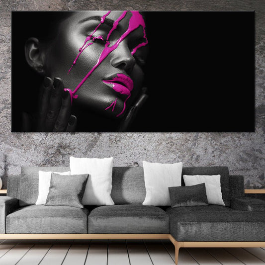 Purple liquid makeup portrait canvas wall art for living room, bold abstract beauty style creating inspiring modern decor
