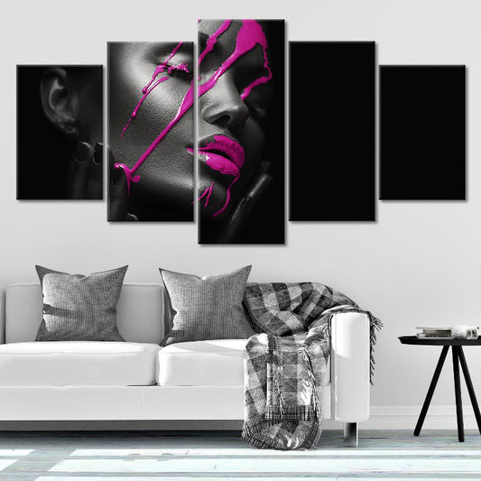 Modern abstract woman with purple paint — large canvas wall art, black backdrop with vivid violet accents for dramatic interiors
