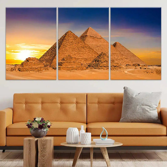 Ancient Egyptian pyramids in vivid desert tones — large canvas wall art ideal for bedroom decor with a calming and timeless historic feel.