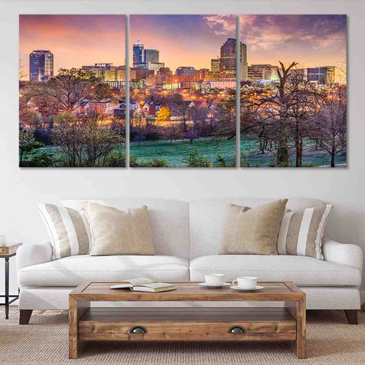 Raleigh skyline at sunset — modern canvas wall art for living room with pastel sky tones and inspiring North Carolina city view.