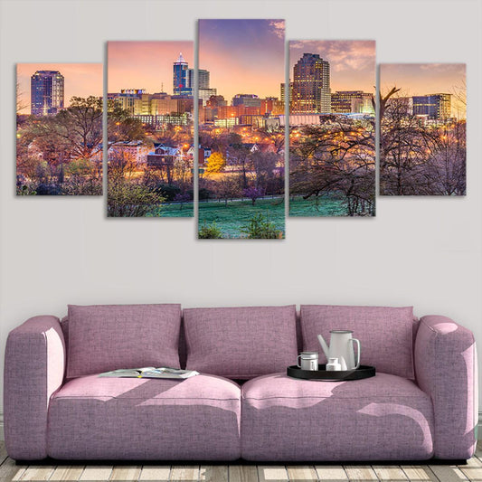Downtown Raleigh cityscape — large canvas wall art for bedroom featuring warm evening light and uplifting modern southern charm.