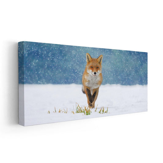 Winter fox against blue snowfall—large canvas wall art ideal for bedroom styling, creating a peaceful and calming Nordic atmosphere in the space
