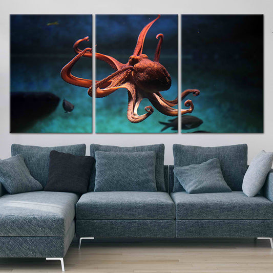 Red octopus — modern canvas wall art for living room, showcasing deep ocean blues and vibrant marine-inspired elegance.