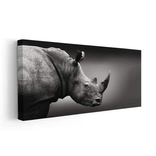 Monochrome rhino portrait with strong detail—large canvas wall art ideal for office or bedroom styling, creating a calm yet dramatic atmosphere