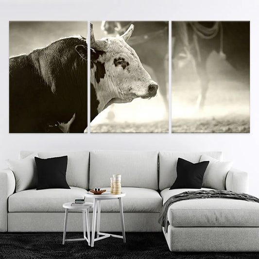 Rodeo bull and rider — large canvas wall art for living room, showcasing rustic Western energy and timeless cowboy charm.