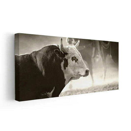 Western rodeo bull — modern canvas wall art with vintage tones, ideal for farmhouse or rustic home decor enthusiasts.