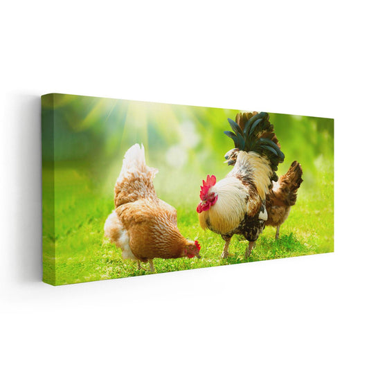 Farm chicken pair standing together—large canvas wall art ideal for dining room styling, creating a cheerful and vibrant country atmosphere