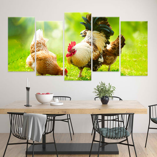Rooster and chicken in bright green field—canvas wall art for warm farmhouse living room decor, adding an uplifting rustic charm to the space