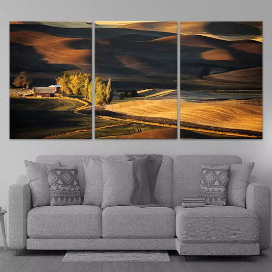 Golden rural landscape glowing at sunset, canvas wall art for a cozy living room that brings peaceful country warmth into your home decor.
