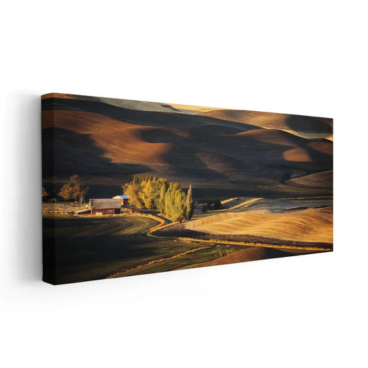 Rolling countryside hills in rich golden tones — large canvas wall art ideal for bedroom decor, creating a calming and rustic atmosphere.