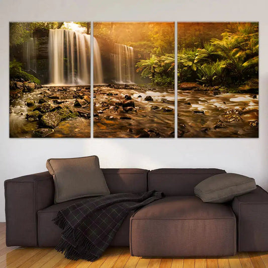 Warm sunset waterfall — modern canvas wall art with rich amber palette, ideal for uplifting bedroom décor and enhancing cozy natural home styling
