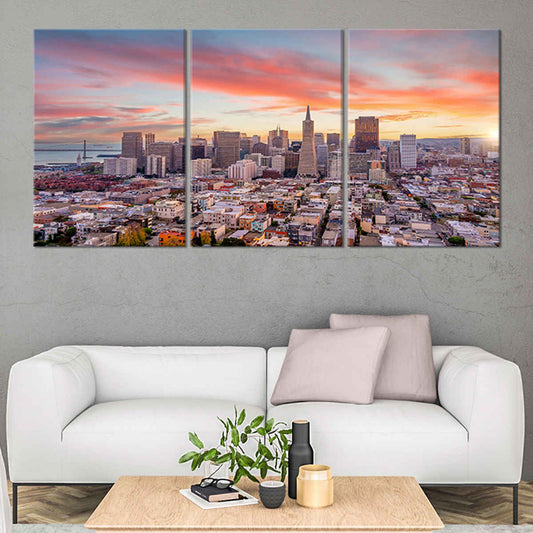 San Francisco skyline at sunset — modern canvas wall art in warm pastel tones, inspiring centerpiece for elegant living room decor.
