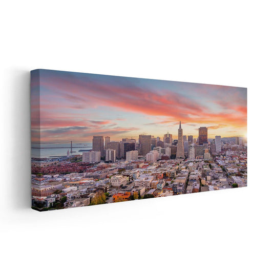 Golden Gate skyline — large canvas wall art featuring a vibrant sunset cityscape, perfect uplifting addition to modern bedroom walls