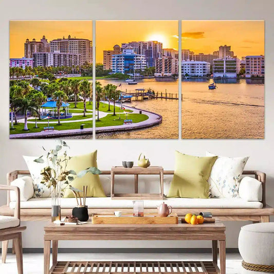 Sarasota skyline cityscape — modern canvas wall art in warm sunset hues, perfect for a contemporary living room or office decor.