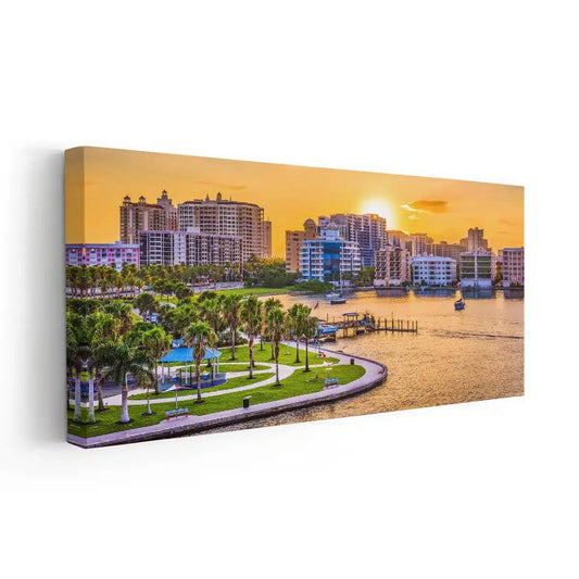 Florida coastal skyline — large canvas wall art with orange sky tones, ideal for adding a peaceful charm to bedroom or lounge spaces.