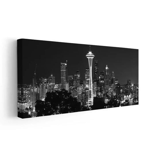 Seattle cityscape at night — modern canvas wall art in monochrome tones, perfect for contemporary bedroom or office décor.