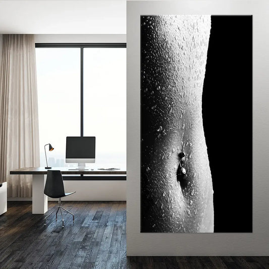 Minimalist torso closeup with water texture — large canvas wall art, black and white palette delivering peaceful modern style