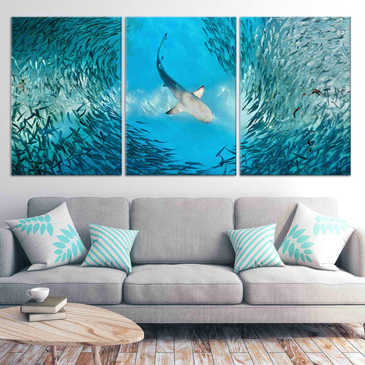 Great white shark hunting school of fish — modern canvas wall art for living room, vibrant blue ocean tones with coastal energy.