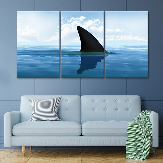 Ocean horizon with shark fin — large canvas wall art in blue tones, perfect for contemporary bedroom or coastal home decor.