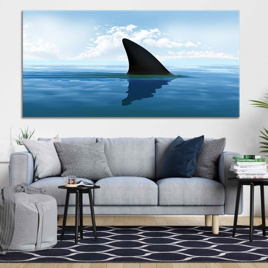 Shark fin in calm ocean — modern canvas wall art for living room, blending mystery and peace with a sleek coastal design.