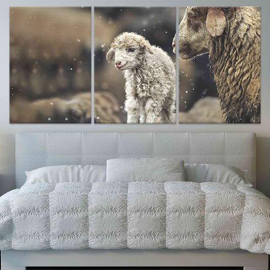 Gentle baby lamb with snow—canvas wall art for a calming nursery, uplifting decor that adds warmth and charm to any peaceful space