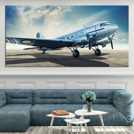 Douglas DC3 airplane in flight — vintage canvas wall art for living room, honoring aviation history and timeless travel.
