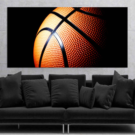 Close-up basketball canvas wall art for living room décor, adding inspiring modern energy and bold sports character to contemporary spaces