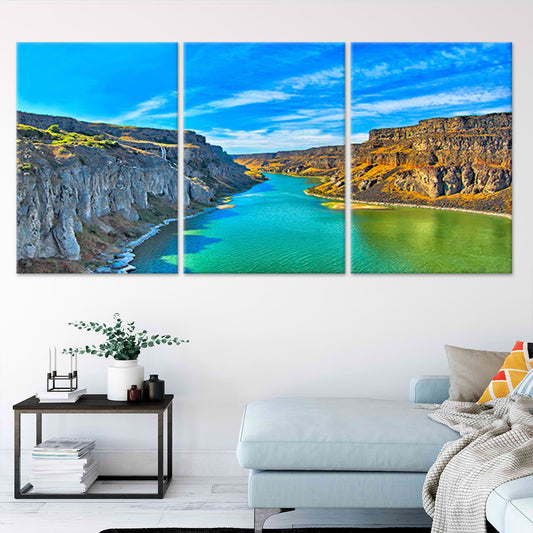 Rugged canyon river bend — large canvas art in a bright turquoise palette, ideal for creating a calming bedroom backdrop with natural charm