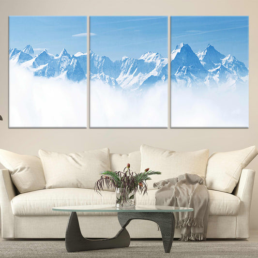 Icy alpine ridge — large canvas art with soft blue palette, ideal for calming bedroom décor and creating a serene mountain-inspired space