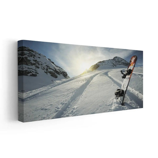 Modern alpine snowboarding scene — large canvas art with cool gray lighting and crisp mountain textures for an uplifting bedroom display.