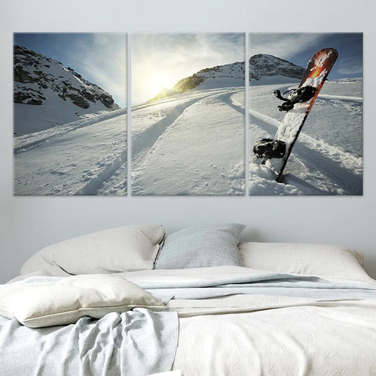 Snowboard descent canvas wall art for a stylish living room, blending modern snowy tones to create an inspiring atmosphere for winter lovers.