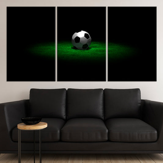 Illuminated football sphere in dark arena tones — large canvas wall art designed to energize a modern bedroom with bold sports styling