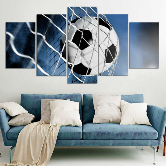 “Soccer ball hitting the net canvas wall art for living room decor, creating an inspiring focal point for athletes and modern sports homes.”