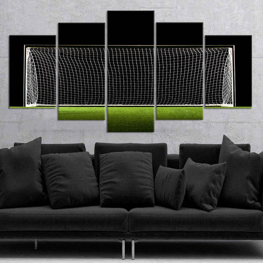 Empty football goal in minimalist tones — large canvas wall art ideal for a calming bedroom space with crisp turf greens and stadium contrast