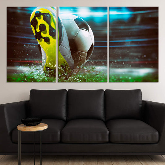 Dynamic football strike in vibrant tones — large canvas wall art with teal highlights, perfect for uplifting living room décor