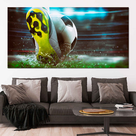 Striking soccer ball kick canvas wall art for a modern living room, bringing an inspiring sports energy ideal for housewarming gifts