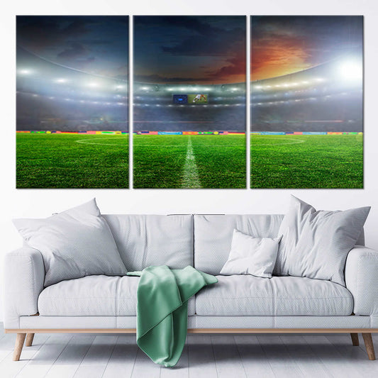 Glowing soccer stadium field canvas wall art for living room decor, offering an inspiring atmosphere perfect for uplifting sports spaces.