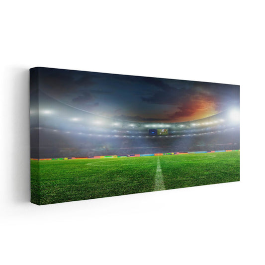 Modern panoramic stadium lights framing the vibrant field — modern canvas wall art with cool tones, ideal for a calming office display.