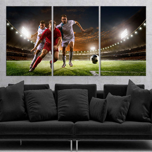 Intense football duo in glowing stadium tones — large canvas wall art enhancing a modern office with bold competitive sports atmosphere