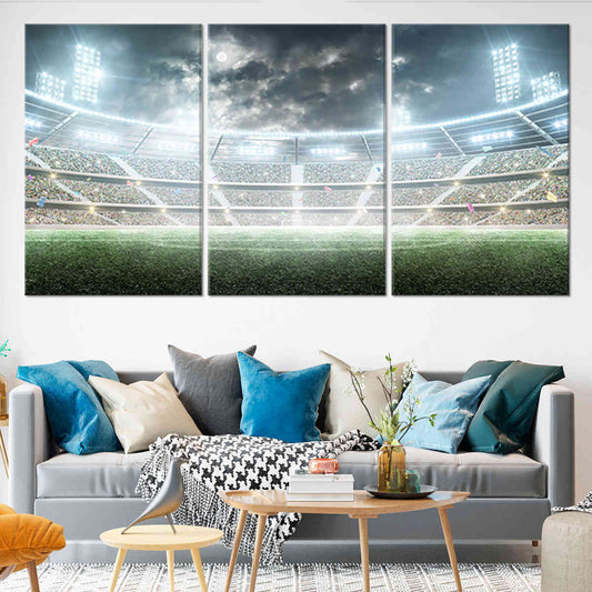 Full soccer arena panorama canvas wall art for living room décor, creating an uplifting sports atmosphere perfect for passionate fans.