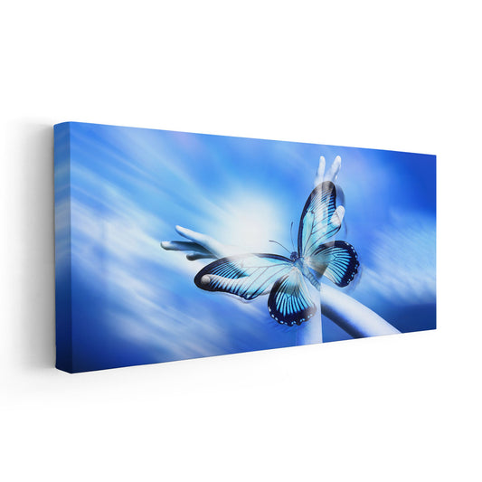 Spiritual butterfly — modern canvas wall art, radiant blue palette inspiring serenity and growth, perfect for bedroom or meditative space.